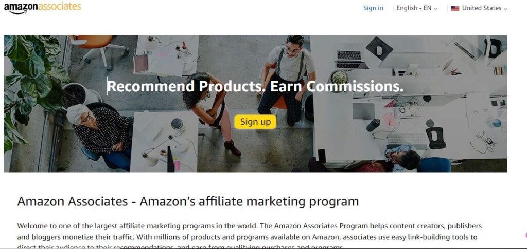 Screenshot of the Amazon affiliate program application page