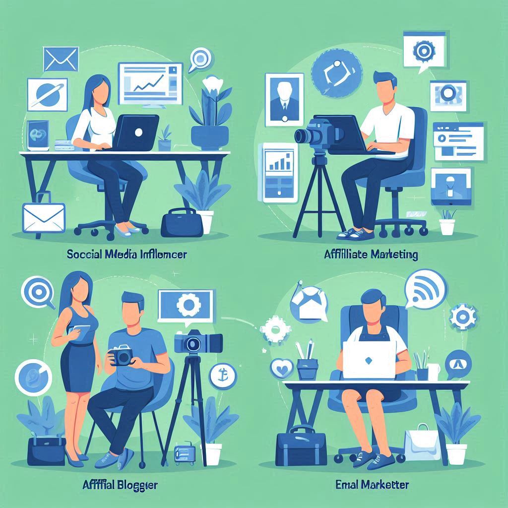 Visual representation of different affiliate marketing channels: a social media influencer, a professional blogger, and an email marketer. Each depicted in their typical environments, showcasing the diversity of affiliate marketing.