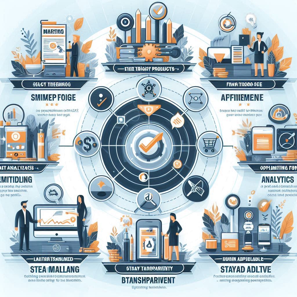 An infographic illustrating the best practices for affiliate marketers in 2024, highlighting key points such as selecting the right products, optimizing for SEO, engaging with analytics, maintaining transparency, and staying adaptable. The design includes icons and visuals representing each practice, set against a modern and clean background, with each point clearly numbered and described in detail.